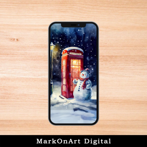 British Telephone Box on A Winter Night For Mobile Phone Wallpaper or Lock Screen | High Res for iPhone or Android Cellphones