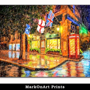 Vibrant Savannah Georgia Wall Art - Six Pence Pub Print - Savannah Rain Artwork - British Phone Booth and Pub Artwork for Decor & Gifts