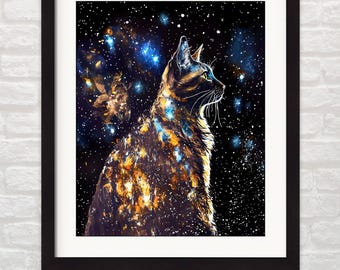 Tortie Cat Print - Dilute Tortoiseshell Coloring And Magical Stars - Whimsical Feline Wall Art