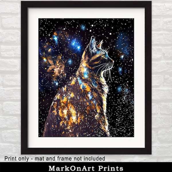 Tortie Cat Print - Dilute Tortoiseshell Coloring And Magical Stars - Whimsical Feline Wall Art