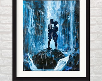 Gay Kiss Silhouette Print: Waterfalls, Men Kissing In Nature, Romantic Couple Wall Art - Gay Husband or Boyfriend Gifts - Gay Male Decor