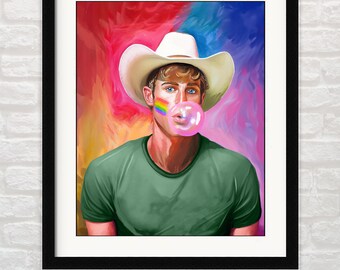 Gay Art Print - Blonde Cowboy Bubble Gum Pop Art & Rainbow Pride Colors Wall Decor