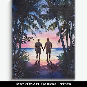 Gay Men Holding Hands Canvas Print: Tropical Beach Sunrise, Male Couple Wall Art