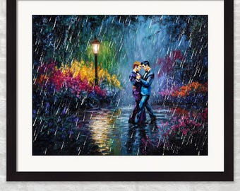 Gay Art - Men Dancing Together Print: Colorful Garden In Rain, Gay Couple Wall Decor & Gift