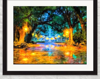 Savannah Art Print:  Forsyth Park Fountain, Georgia Rainy Night, Historic City Squares Decor