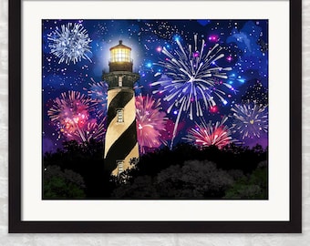 St. Augustine Florida Art - Lighthouse Print: Colorful Fireworks at Night, Coastal Wall Decor