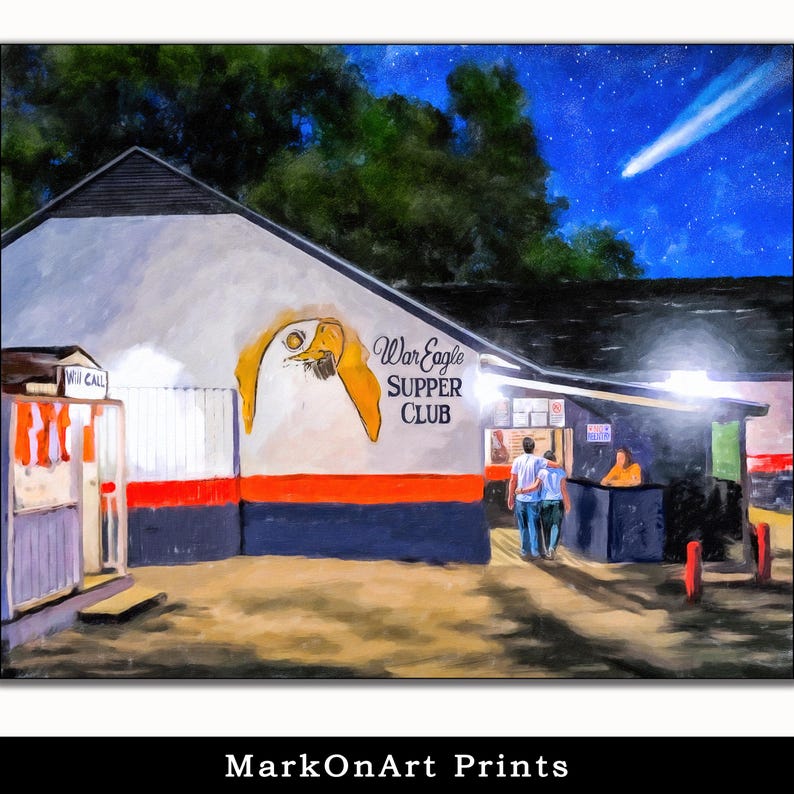 Art Print featuring the legendary War Eagle Supper Club on a beautiful night in Auburn Alabama - a great choice for past alumni of Auburn University