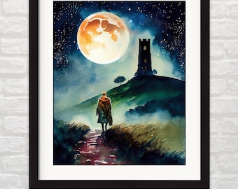 King Arthur Print: Glastonbury Tor by Moonlight, Mystical British Mythology Wall Art & Decor