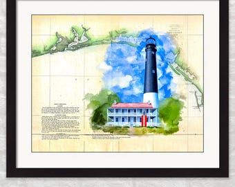 Pensacola Art Print - Lighthouse & Vintage Map Wall Art - Florida Coastal Decor - Pensacola FL Lighthouse