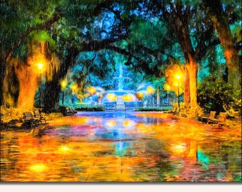 Savannah Georgia Print: Forsyth Park Fountain, Rainy Night, Historic District Wall Art