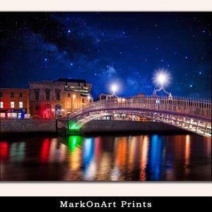 Dublin Ireland Art Print: Ha’Penny Bridge at Night, River Liffey Wall Art