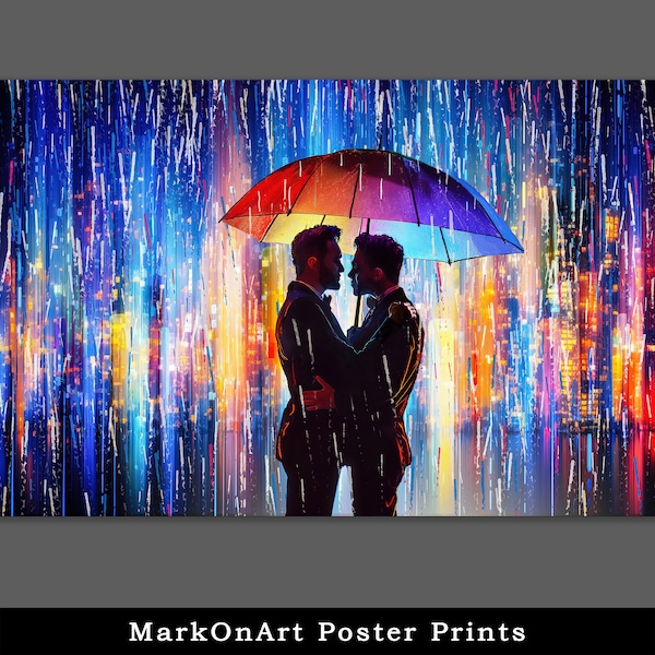 Colorful Gay Male Art Print Poster - Romantic Rain Art - Gay Couple Silhouette In the Rain