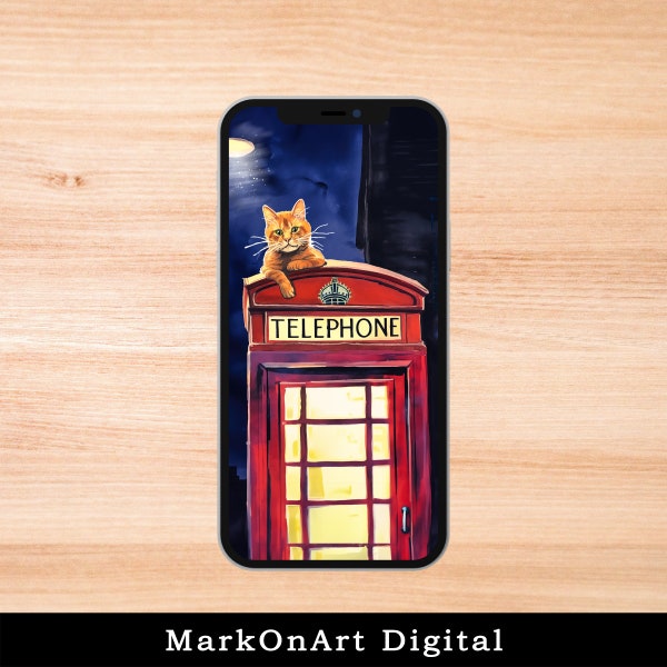 Red Phone Box & Ginger Tabby Cat Art For Mobile Phone Wallpaper or Lock Screen | High Res for iPhone or Android Cellphones