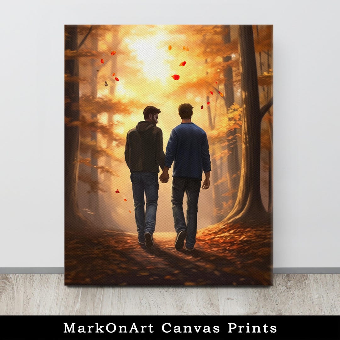 Autumn Gay Couple Canvas Wall Art - Romantic Fall Gay Male Print for ...