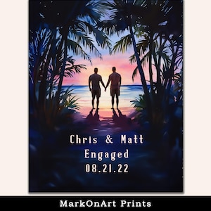 Personalized Gay Couple Print: Men Holding Hands, Beach Sunrise, Anniversary Wall Art