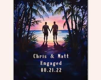 Personalized Gay Couple Print: Men Holding Hands, Beach Sunrise, Anniversary Wall Art
