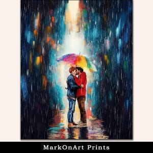 Gay Couple Wall Art - Male Couple Under Umbrella Kissing Print - Colorful Romantic Rain Decor - Gifts For Gay Men Couples & Romantics
