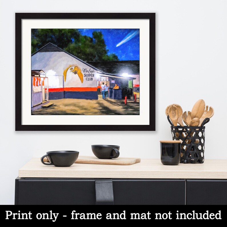 16x20 Framed Print of the War  Eagle Supper Club - this print of the landmark is shown framed with a white mat. Your print will not come with a frame and mat but because it's a standard size you can purchase off the shelf options or easily get it professionally framed locally.