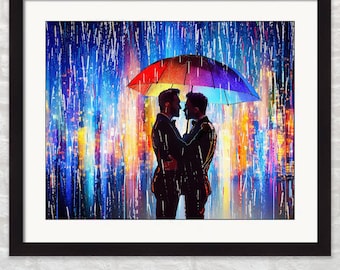 May include: A framed art print featuring two figures embracing under a rainbow umbrella in the rain. The artwork has a colorful, abstract background with the text "MarkOnArt Prints" at the bottom.