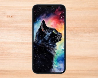 Black Cat and Colorful Night Sky Art For Mobile Phone Wallpaper or Lock Screen | High Res for iPhone or Android Cellphones