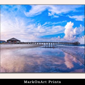 Coastal Landscape Art - Tybee Island Pier Print - Gorgeous Summer Afternoon Skies on  Georgia Coast Wall Art - Scenic Tybee Beach Poster