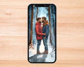 May include: Two men in winter clothing are kissing in a snowy forest. The man on the left is wearing a red jacket and the man on the right is wearing a blue jacket. The background is a snowy forest with trees and snow on the ground.