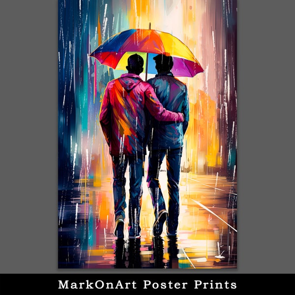 Romantic Gay Couple Walking In The Rain - Colorful LGBTQ+ Poster Print -- Gay Male Art - Public Affection