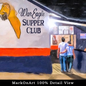 Detail view from within this Auburn Alabama War Eagle Supper Club print showing part of the sign and the entrance with a couple walking in together. To give an idea of the work.