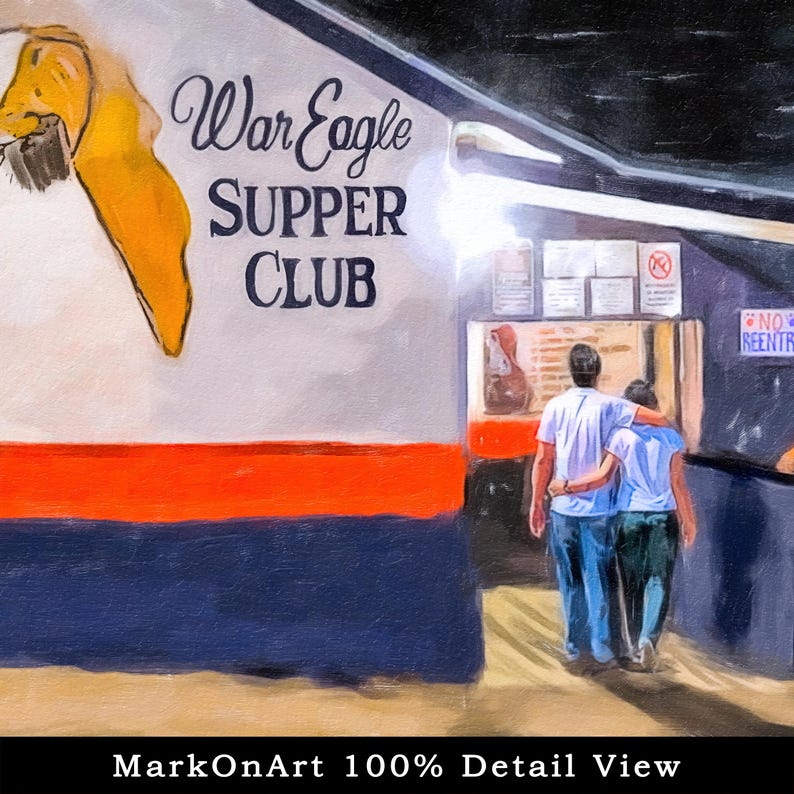 Detail view from within this Auburn Alabama War Eagle Supper Club print showing part of the sign and the entrance with a couple walking in together. To give an idea of the work.