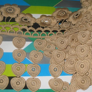 2 yards in 6 3/4&quot; width brown color high end heavy crochet poly cotton trim w/floral pattern for your fashion/wedding design decor.