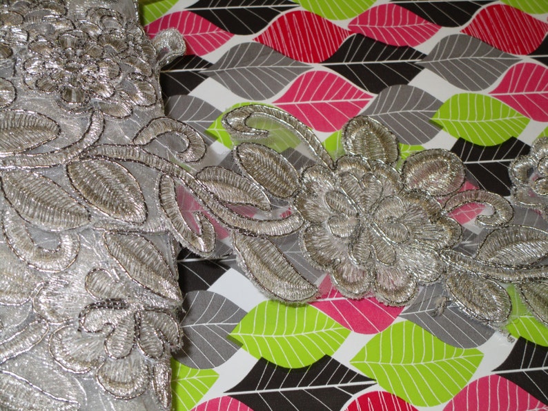 thread and organza high end embroidery floral trim for your fashionwedding design 2 yards in 2 34 width in silver color poly