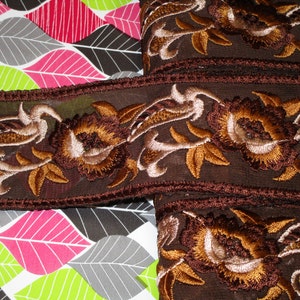 1 yard 2&quot; width brown color with dark gold, dark brown color embroidery floral high end soft organza trim for your fashion design