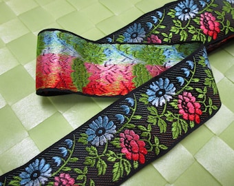 1 yard in " 1 1/2 width poly with embroidery trim in black, green, red and multi color high end brocade ribbon trim for your fashion.
