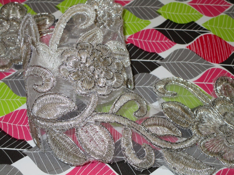 thread and organza high end embroidery floral trim for your fashionwedding design 2 yards in 2 34 width in silver color poly