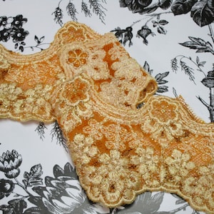 2 yards 2&quot; width  in orange yellow color scalloped edges w/ gold embroidery floral poly cotton&tulle trim for your fashion design decorative