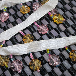 a piece of 30 inch with 1 1/4&quot; width in pearl satin ribbon with light pink and yellow bead fringe trim for your fashion design and sewing.