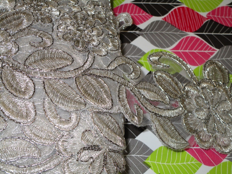 thread and organza high end embroidery floral trim for your fashionwedding design 2 yards in 2 34 width in silver color poly