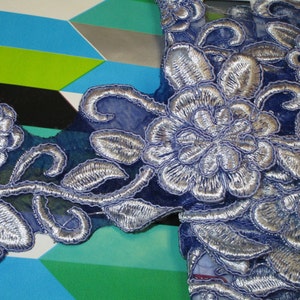 2 yards in 2 3/4&quot; width in deep amethyst and silver color poly, thread and organza high end embroidery floral trim for your fashion design.