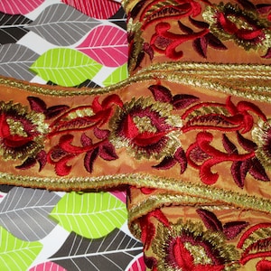 2 yards 2&quot; width advance orange color with gold,red,barberry red color embroidery floral high end brocade trim for your fashion design