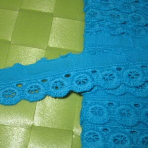 May include: A close-up of turquoise blue lace trim with a scalloped edge. The lace has a delicate floral pattern.