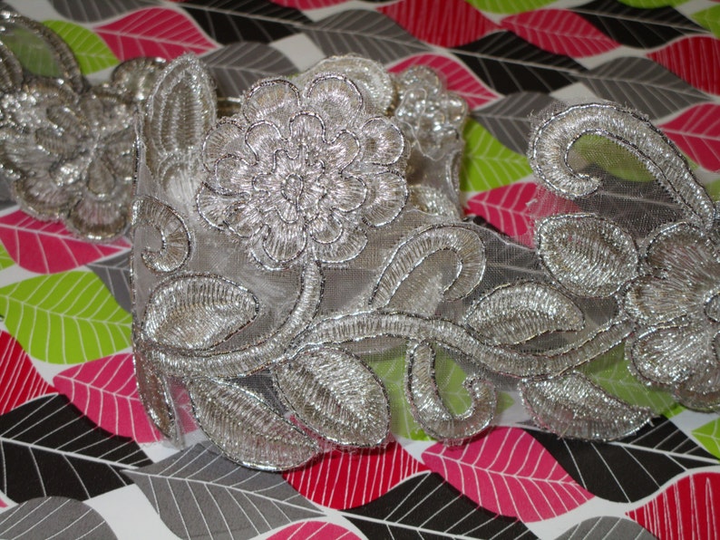 thread and organza high end embroidery floral trim for your fashionwedding design 2 yards in 2 34 width in silver color poly
