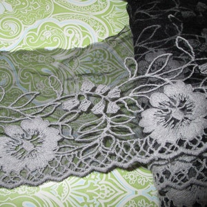 2 yards 3&quot; width in black and gray color non stretch cotton & tulle lace trim/Alencon lace with floral pattern for your fashion /wedding