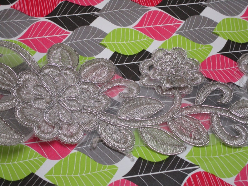 thread and organza high end embroidery floral trim for your fashionwedding design 2 yards in 2 34 width in silver color poly