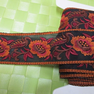 2 yards 2&quot; width black color with bronze, brown and  barberry red color embroidery floral high end organza trim for your fashion design