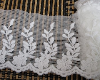 2 yards in 3" width in white color high end poly cotton and tulle trim w/floral pattern for your fashion/wedding design