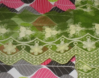 3 yards in 3 3/4" width in kiwi green color high end polyester & tulle trim with floral pattern for your fashion/wedding design project.