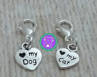Heart Paw Charm, Love My Cat/Dog Zipper Charm,  Silver
