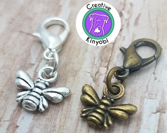 Tiny bee charm in silver or bronze, double-side honeybee charm, small bumblebee zipper charm, dainty bee stitch marker charm, Fast Shipping