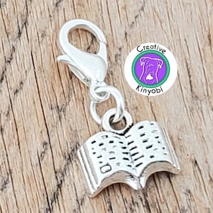 Book charm, silver book zipper charm, book stitch marker, tiny open book charm with clasp, reading charm, Fast Shipping from Montana