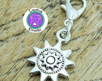 Double sided sun charm, sun bracelet charm, sun zipper charm, silver sun clip on charm, sun progress keeper Fast Shipping from USA CS536